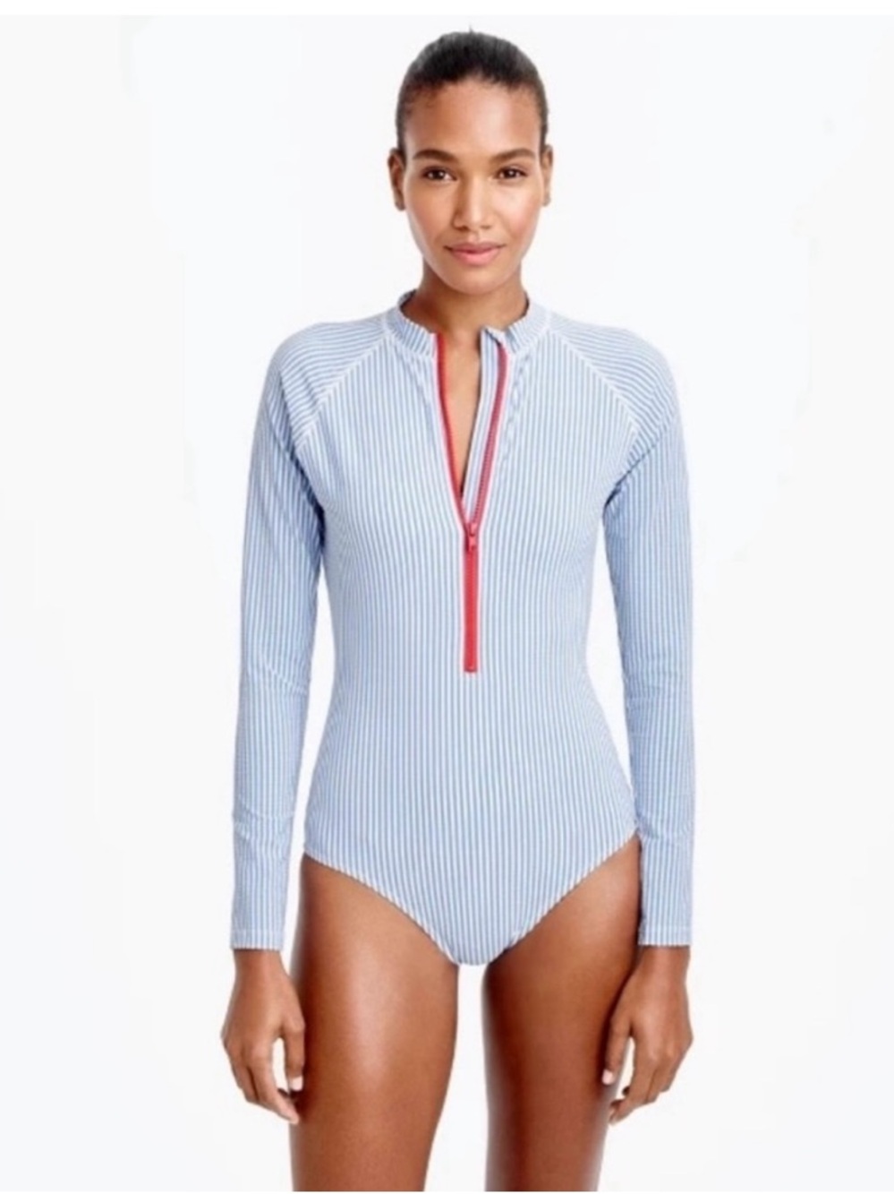 J. Crew Light Blue & White Striped Long-Sleeve Zip One-Piece